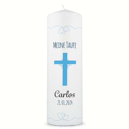 GRAVURZEILE Taufkerze Kreuz mit Namen, Datum & Taufspruch - Hochwertige Stumpenkerze 250/80 mm brilliant bedruckt - Personalisiertes Taufgeschenk für Mädchen & Jungen - Weiß Farbe Junge