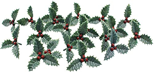 Christmas Holly Leaf Cake topper Decoration Decorating 12 20 50 Pcs Small Plastic holly leaf With 3 Berries Yule Log Topper Cupcake (pack of 20)
