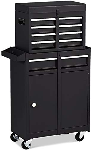 DORTALA 2 in 1 Tool Chest & Cabinet w/ 5 Sliding Drawers, Rolling Garage Box Organizer, Lockable Tool Box, Detachable Tool Organizer, Tool Cabinet Cart Workshop Trolley on Wheels, Black