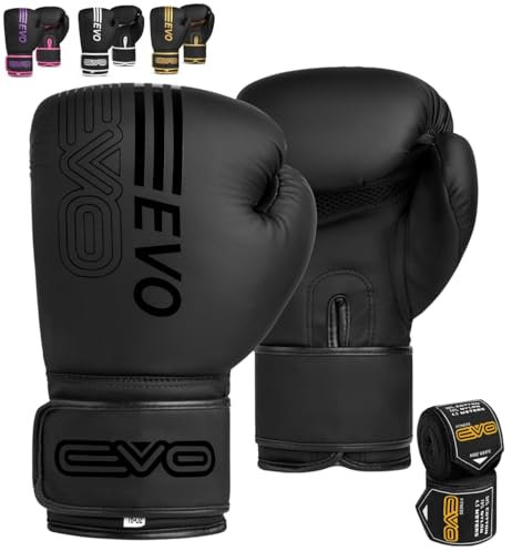 EVO Fitness Gants De Boxe Homme Femme MMA Muay Thai Arts Martiaux Kick Boxing Sparring Training Fighting Boxe Sac De Frappe Gants Roses avec Bandages pour Les Mains Anglaise (Noir, 16 OZ)