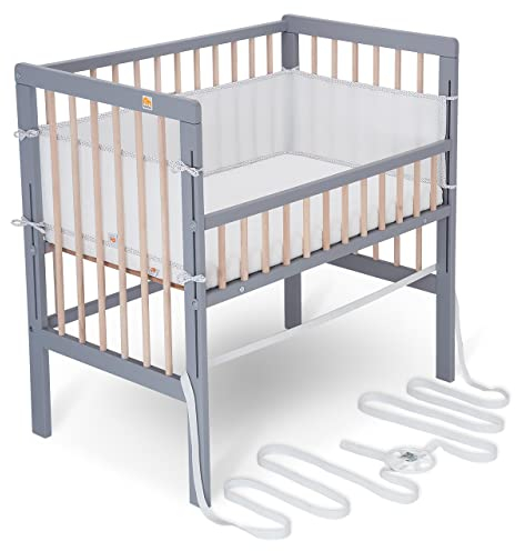 FabiMax Baby Beistellbett für Boxspringbett, TÜV geprüft 2022, inkl. Matratze und Nestchen aus Netzstoff, Buche massiv grau/Natur, Classic/weiß mit Punkteband