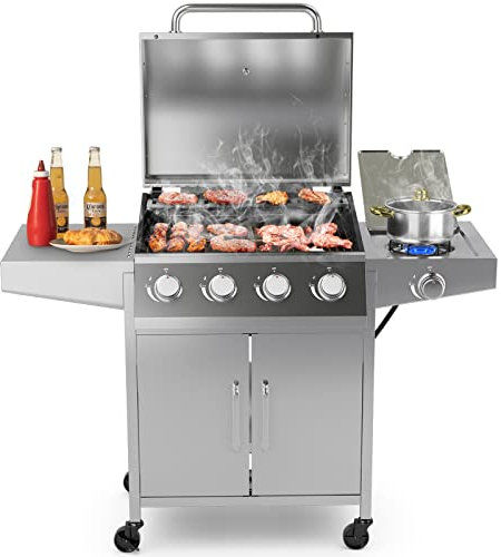 Giantex Propane Gas Grill with 4 Main Burners and 1 Side Burner, total 50,000 BTU, Stainless Steel Heavy-Duty BBQ Grill with 2 Prep Tables, 4 Wheels, Cabinet for Propane Tank, Outdoor Cooking