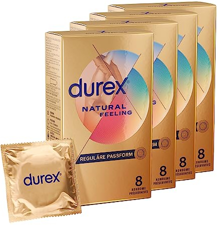 Durex Natural Feeling Kondome – Latexfreie Kondome aus Real-Feel-Material & mit anatomischer Easy-On-Form – 32 Stück (4er Pack)