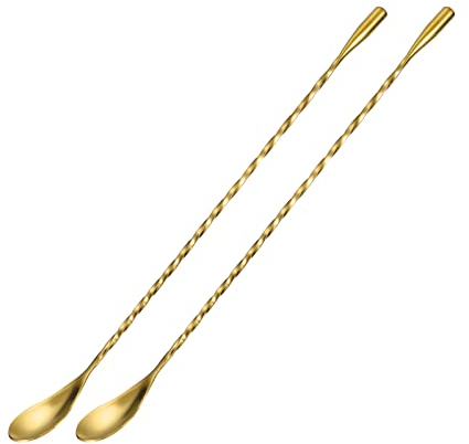 sourcing map Bar Cocktail Mixing Spoon, 2Pcs 12-Inch Stainless Steel Long Handle Spiral Handle Drink Mixing Spoons for Glass or Shaker, Gold