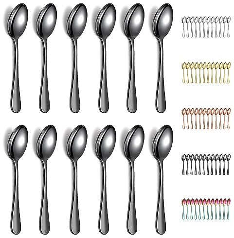 Evanda Teelöffel Schwarz 12er 14cm, Kaffeelöffel aus Titainium schwarz plattieren Edelstah, Espressolöffel, Dessertlöffel, Kleine Löffel, Besteck für Tee, Kaffee, Dessert, spülmaschinenfest