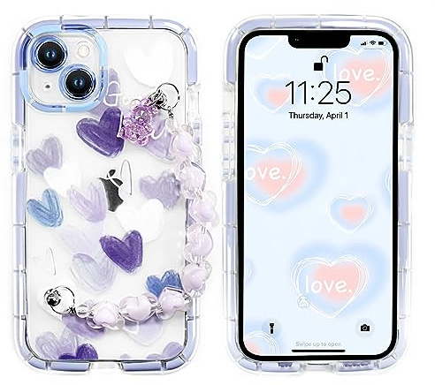 YEPO For iPhone 13 Case Cute Wrist Strap Women, Purple Heart Design Soft TPU Shockproof Protective Clear Phone Cases for iPhone 13 Girls Lady