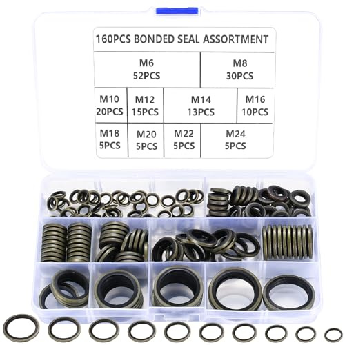 qxayxa 160 Pcs Bonded Seal Washers, Automotive Self-Centered Seal Gasket Set,Rubber Metal Bonded Sealing Washers, Hydraulic Oil Pipe Seal Gasket Washer, O-Ring Assortment Kit, 10 Sizes, M6 to M24