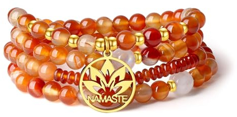 COAI Collana Rosario Mala 108 Grani di Pietre Dure Semipreziose Agata Arancione con Ciondolo in Acciaio Inox