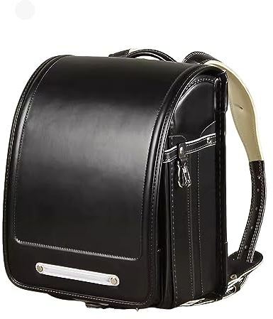 Sac d'école, Ransel Randoseru Sac à Dos en Cuir PU Cartable Japonais léger avec Serrure Automatique, Noir, 33 x 24,5 x 16 cm