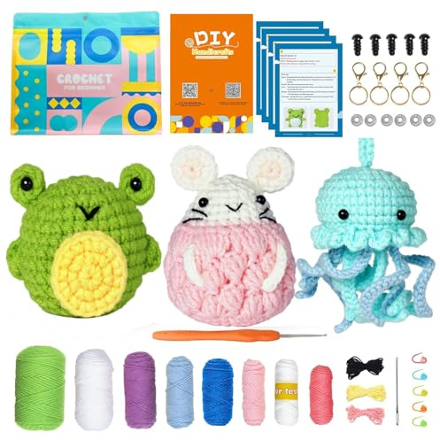 ZOCOYUU Häkelset für Anfänger, 3 Muster, Tiere, Eule, Kaninchen, Frosch, Strickset für Erwachsene und Kinder, mit Schritt-für-Schritt-Video-Tutorials und Garnen, Haken, Zubehör (Grün)