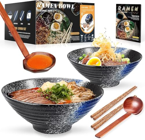 8 Pulgadas Grandes Juego De 2 Tazones De Cerámica Para Ramen De(9 Piezas) - Para Lavavajillas Tazones De Porcelana Para Ensaladas Fideos Cereales Con Recetas Palillos Tenedores Y Cucharas Para Apto