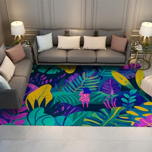 Lebendiger Dschungelteppich Skurriles Kind Bunte Kinderzimmer Teppich für Schlafzimmer Tropische Blätter Design Rutschfester Kinderzimmer Teppich Home Decor 90x120cm
