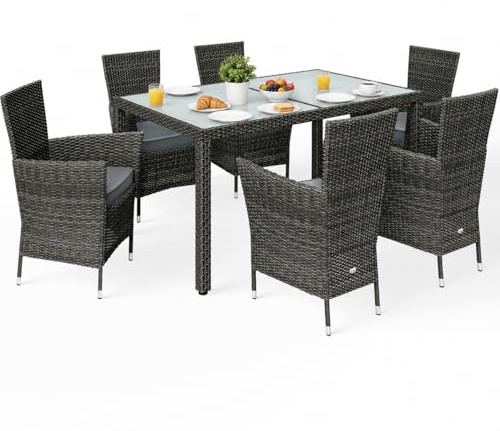 CASARIA® 6+1 Polyrattan Outdoor Dining Furniture Set | 150x90cm Glass Top Table | 6 Poly Rattan Stackable Armchairs | with Anthracite Cushions | Garden Patio Balcony Seating Group | Grey