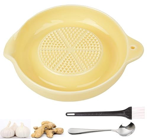 KICPUK Keramikreibe, Keramik-Ingwerreibe, Knoblauchreibe, Ingwerreibe, Gewürzreibe,Für Ingwer, Knoblauch, Muskatnuss, Sellerie, Karotten, Senf, mit Bürste + Löffel, Durchmesser 9cm (Gelb)