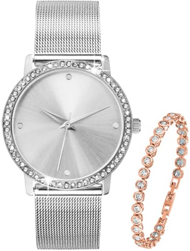 Crystal Blue Damen Armbanduhr Set Silber Edelstahl Milanaise Mesh Armband mit Zirkonia Tennisarmband