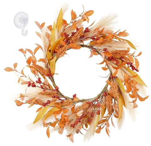 Rhytsing Artificial Autumn Wreath for Front Door with Olive Leaves, Red Berries and Pampas Grass, Autumn Leaves Door Wreath for Window Wall and Table Centerpieces, Fully Expanded Diameter - 55cm