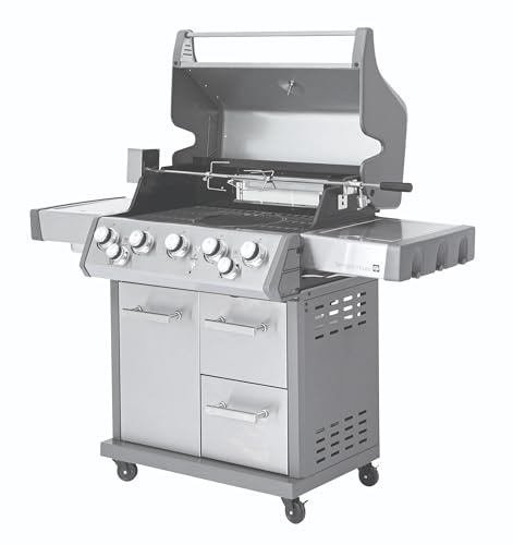 Tarrington House Barbecue à Gaz CALAMA Luxury à 5+1+1 Brûleurs, 28.1 kW, Acier Inoxydable, Thermomètre, Table d'Appoint, Meuble, Roulettes, Argent