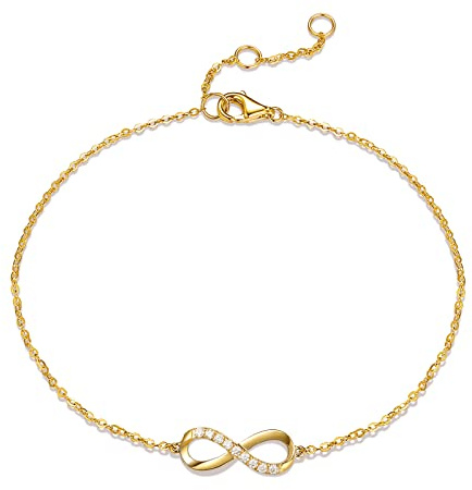 FANCIME Armband für Damen mit Infinity Anhänger aus 14 Karat 585 Gelb Gold Charm echt Diamant Armkette Schmuck Geschenk für Damen Mädchen, Armbandlänge 17+3 cm