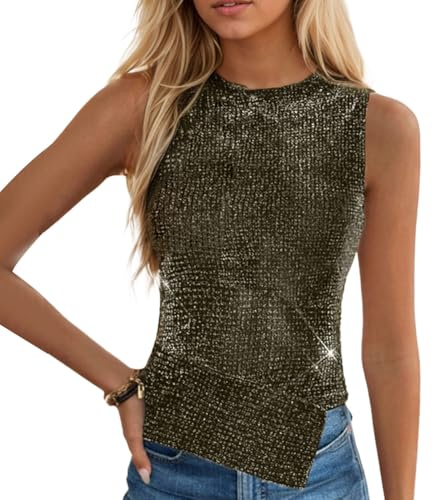 EMOTTOS Canotta Scintillante Y2K a Collo Alto Slim Fit in Tessuto Micro-Bouncy, Top Sexy Irregolare Senza Maniche Leggera ed Elastica per Donna, Casual per Feste Estive, Oro, S-L