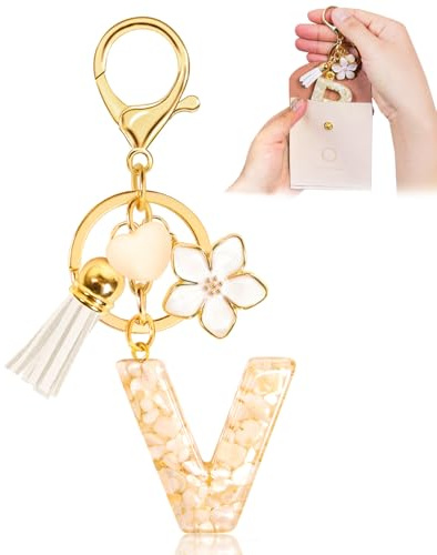 Fengguock Schlüsselanhänger Schlüssel Buchstabe Anhänger Schlüsselanhänger mit Anfangsbuchstaben Herzförmig Mädchen Keychain mit Blume Geschenk für Mädchen