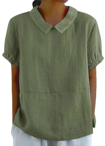 HUIFUAO Chemise à Manches Courtes en Lin pour Femme, Grande Taille, col Claudine, Chemisier léger, Tunique Basique et Respirante, Vert, XL