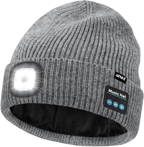 ATNKE LED Bluetooth Mütze mit Licht, USB Wiederaufladbare 4 LED Kabelloses Musik Redner Laufmütze Stirnlampe Winter Warm Strick Mütze mit Fleece Gefüttert Geschenke für Herren und Damen