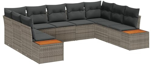 vidaXL Trädgårdsoffset med kudde 9 pcs Grå Poly rattan, Trädgård och terrass, modern modulär utemöbelset, lätt rattansoffa, väderresistent loungesoffa