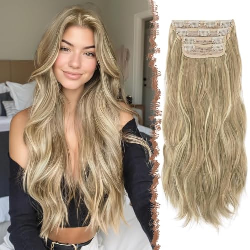 FESHFEN Extension Capelli a Clip - 4 pezzi Lunga Ricci Ondulati Sintetici Naturali Posticci Capelli Extension con Clip per Donna, 50 cm Castano Caramello & Biondo Beige