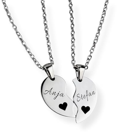 Herz Halskette für Paare mit Gravur | personalisiert mit Name, Datum, Spruch | Damen, Herren, Freundin, Verliebte | Kette verstellbar 45 cm, wasserfest mit Rückseite
