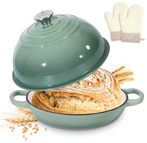 Homtone Forno olandese in ghisa smaltata da 5.5QT/26cm per pane a lievitazione naturale, pentola olandese con coperchio a cupola, pentola per il pane in ghisa (verde polveroso, con guanti da forno)