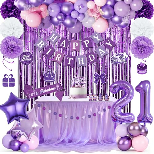 Decoraciones moradas para su 21 cumpleaños, pancarta de feliz cumpleaños, globos morados, cortina de oropel morada, banda, pompones, espiral colgante para niñas