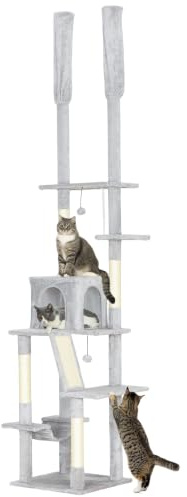 PawHut - Árbol para Gatos (225-255 cm, Suelo a Techo, XXL, rascador para Gatos de sisal de 6 Niveles, con nicho, Hamaca, Plataformas, Escalera y 2 Bolas Colgantes, Color Gris Claro