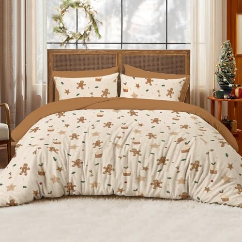 Sedefen Weihnachts Bettwäsche 135x200 Beige Braun Lebkuchen Muster, Aesthetic Süß ÖKO-TEX Bettwäsche Set aus Microfaser - Wende Bettbezug mit Reißverschluss und 1 Kissenbezug 80x80 cm