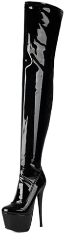 Mo Joc Stivali sopra il ginocchio da donna, con punta tonda, tacco da 16,5 cm, plateau 6,5 cm, altezza gambale 70 cm, chiusura lampo laterale, multicolore, Nero 1, 35 EU