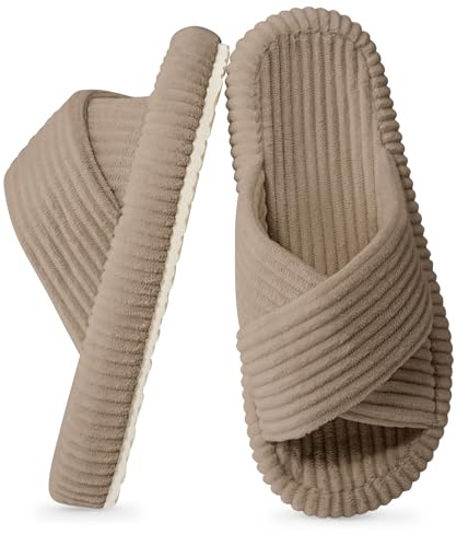 Xnova Pantofole Casa Donna Ciabatte con punta aperta Suola Antiscivolo, Comodo Moda Slippers Peluche in Velluto a Coste con Memory Foam (Bronzo, EU 40-41)