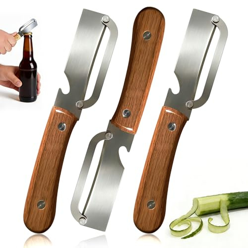 Viechoes Pelador Multifuncional Acero Inoxidable Mango Madera | Pelador Patatas y Verduras con Sacacorchos Integrado, Juego de 2 Piezas (3)