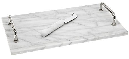 Godinger La Cucina Käsebrett aus Marmor, mit Messer, 14 x 8 x 1,85 cm, Cremefarben
