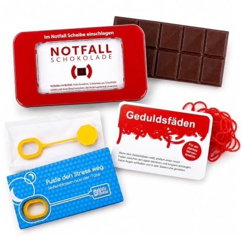 Liebeskummerpillen Set mit Notfallschokolade, Geduldsfäden & Bubble Balsam | lustige Süßigkeiten für Kollegen, Freunde & Familie, Schokolade, Erdbeer Fruchtgummi & Seifenblasen, Anti Stress Bundle