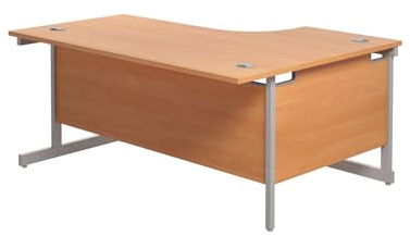 Office Hippo Heavy Duty Left Corner Desk - Strong & Reliable Workstation With Integrated Cable Ports for Office or Home - Beech Top / Silver Frame