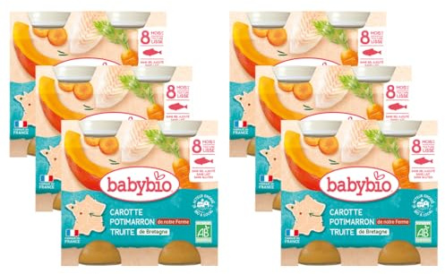 Babybio - Petits Pots Carotte Potimarron Truite de Bretagne 2x200 g - 8+ Mois - BIO - Lot de 6
