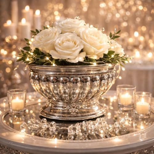 DRULINE Dekoschalen Keramikschale Dekovase Vase Hochzeitsdeko Übertöpfe Silber Blumenvase Pflanzgefäße Tisch-Deko Silber Blumenschale Vasen Silberschale Blumengefäß Nostalgie Dekoschale mit Fuß
