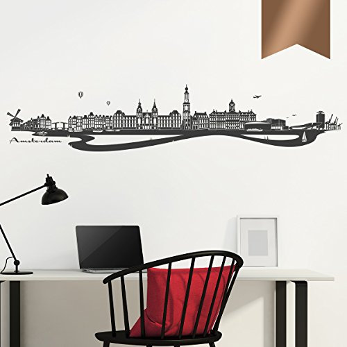 WANDKINGS Wandtattoo - Skyline Amsterdam (mit Fluss) - 100 x 20 cm - Kupfer - Wähle aus 6 Größen & 35 Farben
