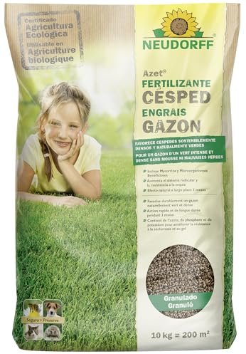 Neudorff Azet Fertilizante Césped – Favorece céspedes sosteniblemente densos y naturalmente verdes, con efecto natural de larga duración de 3 meses, 10 kg para 200 m²