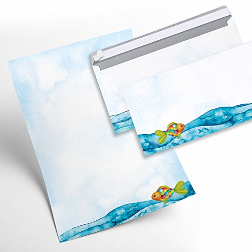 Logbuch-Verlag SET 12 Blatt Briefpapier Fisch Regenbogenfisch Einladung Kommunion Geburtstag Kinder blau weiß MIT 10 Briefumschläge A4 maritim Taufe