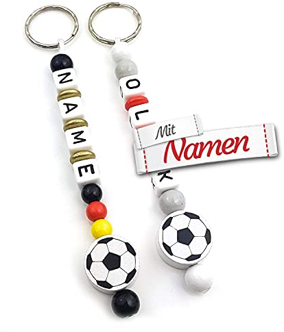 LALALO Fußball Schlüsselanhänger mit Namen, Jungen & Mädchen Anhänger Namenskette Schwarz/Rot/Gold