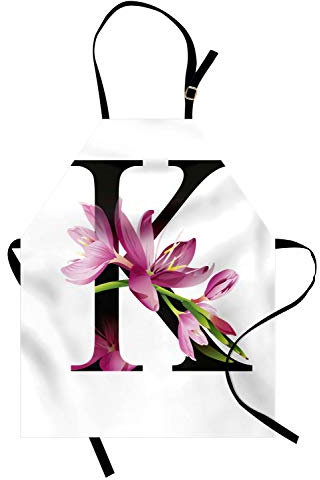 ABAKUHAUS Buchstabe K Kochschürze, Blühende Kaffir-Lilie mit lebendigen grünen Stalk K Zeichen Natur Blume Kunstdruck, Farbfest Höhenverstellbar Waschbar Klarer Digitaldruck, Schwarz Grün Rosa