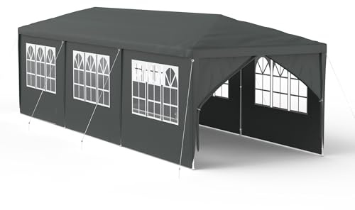 HENGMEI Trädgårdspaviljong 3 x 9 m, trädgårdstält, festtält, paviljong, festtält, vattentätt med 8/5 sidodelar, stålkonstruktion (mörkgrå, 8 sidoväggar)