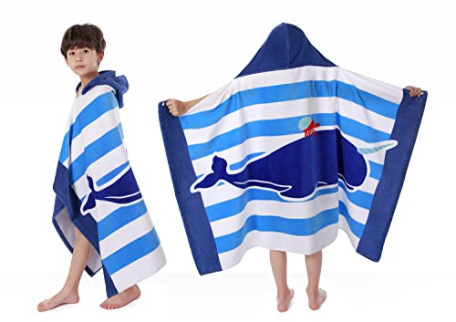 BANGSAUR Kinder-Badetuch mit Kapuze, 100% Baumwolle, 127x 76cm Wickel, Kinder, Kleinkinder, Mädchen, Jungen, 3–12 Jahre (Blauer Narwal)