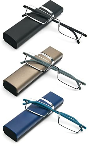 KoKoBin Lunettes de lecture avec cadre TR90 ultra léger pour la lecture - Demi-lunettes en métal avec demi-cadre - Aide à la vision avec étui à lunettes pour homme et femme