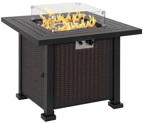 Outsunny Square Propane Gas Fire Pit Table 50000 BTU, 81 x 81 x 64cm Black | Rattan Smokeless Firepit Patio Heater, Glass Screen, Glass Beads, Lid